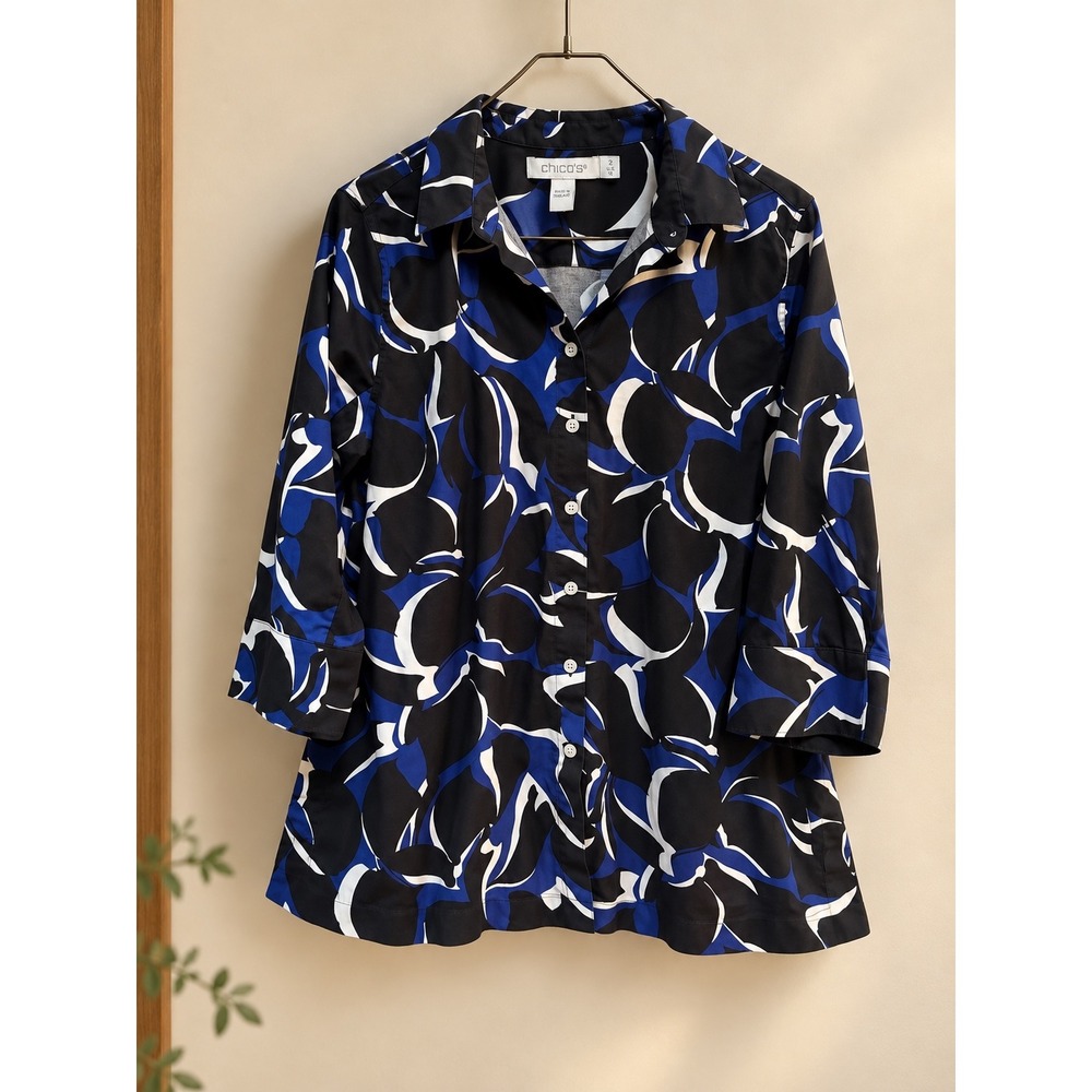 Chicos Size 2 US 12 Black Blue Abstract Floral 3/4 Sleeve Button Down Shirt